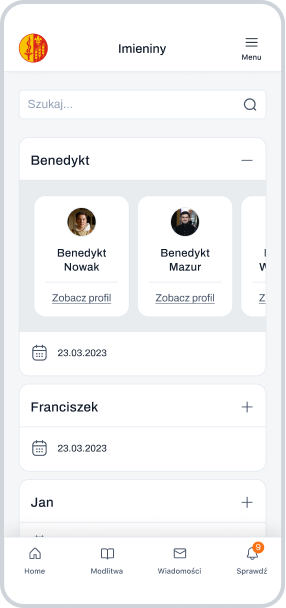 Widok sekcji Jubileusze w aplikacji