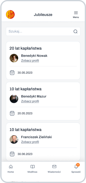 Widok sekcji Imieniny w aplikacji