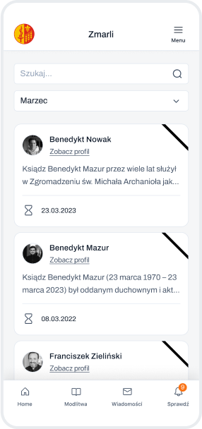 Lista zmarłych członków zgromadzenia w aplikacji