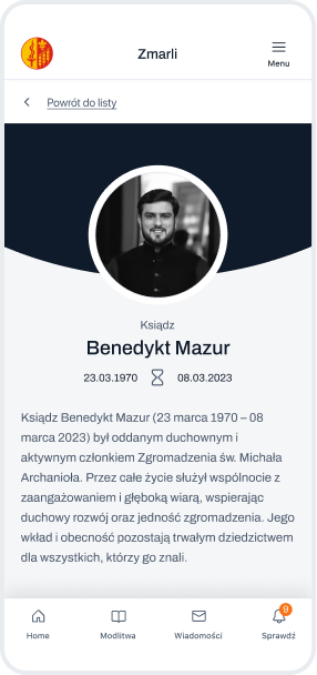 Profil zmarłego członka w aplikacji