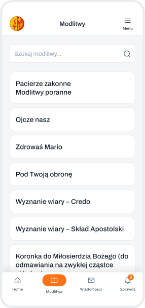 Lista modlitw w aplikacji