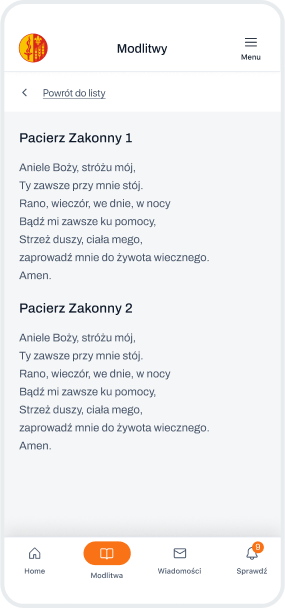 Treść modlitwy w aplikacji